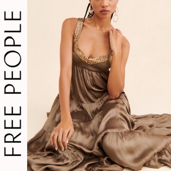 Free People Dresses & Skirts - Like New Free People Isadora Studded Silky Maxi Dress olive green